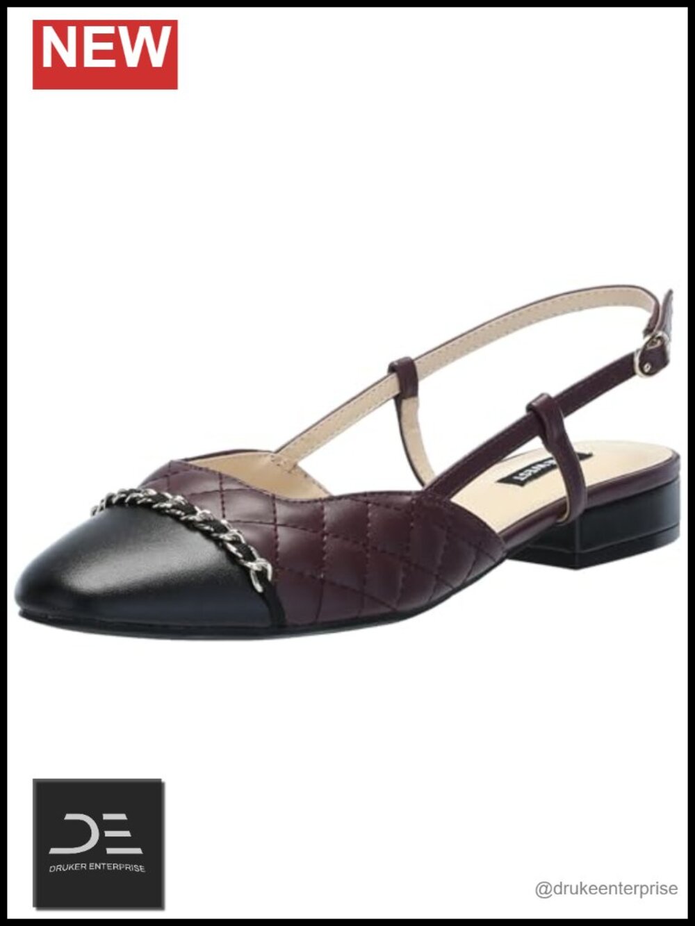 Nine West Charme Slingback Block Heel Flats Faux Leather Square Toe Buckle